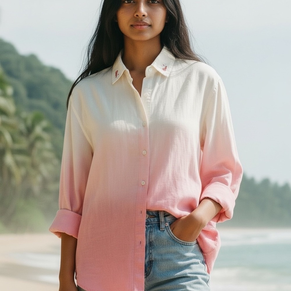 Sundry Pink Ombre Shirt Sz M Embroidered Collar Long Sleeve Button Up Blouse Fun